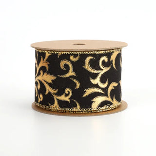 Wired Ribbon, Metallic Brocade Black/Gold 2.5" x 10Yd