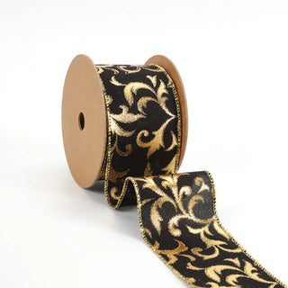 Wired Ribbon, Metallic Brocade Black/Gold 2.5" x 10Yd
