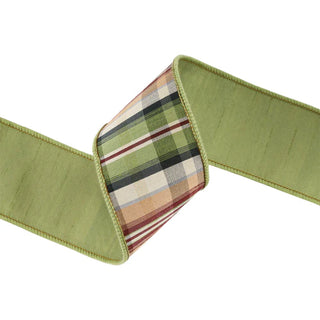 Wired Ribbon Green/Tan Plaid w/ Dupioni Backing 2.5"Wx10yd