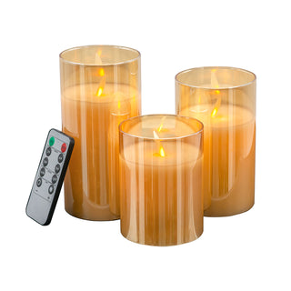 Set of 3 Real Flame-Effect Amber LED Wax Candle 4", 5", 6"