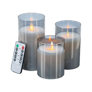 Set of 3 Real Flame-Effect Grey LED Wax Candle 4", 5", 6"
