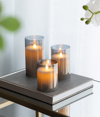 Set of 3 Real Flame-Effect Grey LED Wax Candle 4", 5", 6"