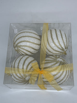 Gold-White Ball Ornament w/ Ribbon (Box of 4) 5"