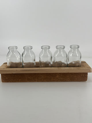 Five Glass Bud Vases w/ Wood Base 12.5”L x 5”H