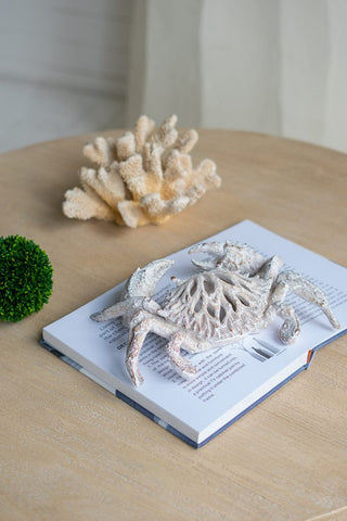 Decorative White Crab Sculpture with Distressed White Finish and Open-Cut Details 11" x 7.5" x 2.5"