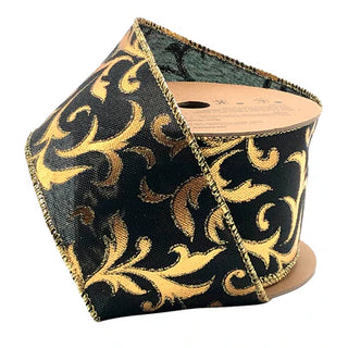 Wired Ribbon, Metallic Brocade Black/Gold 2.5" x 10Yd