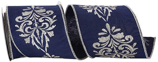 Crest Dupioni Wired Ribbon Navy/Silver 4" x 5 Yd