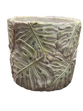 Cement Pot w/ Monstera Leaves Large 6" x 6.75""