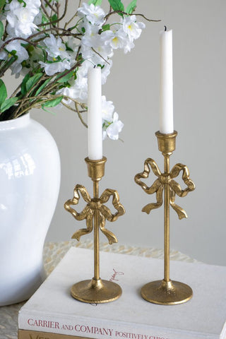 Gold Cast Iron Candle Holders with Playful Bow Design Small 9"