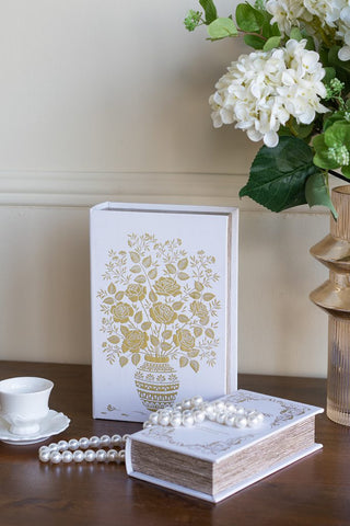 Decorative Book Box with White and Gold Floral Motifs and Text Small 5" x 8.3"