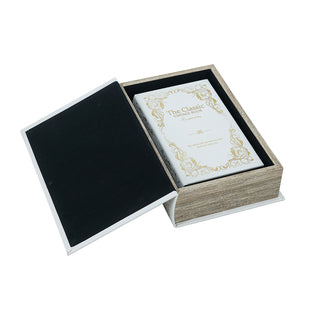 Decorative Book Box with White and Gold Floral Motifs and Text Small 5" x 8.3"