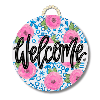 "Welcome" Chinoiserie White Door Hanger 23"