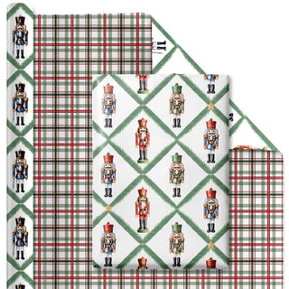 Norfolk Pine Nutcracker/Small Red and Green Plaid 30"x10' Reversible Holiday Wrapping Paper
