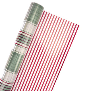 Large Red and Green Plaid/Red and White Stripe 30"x10' Reversible Holiday Wrapping Paper