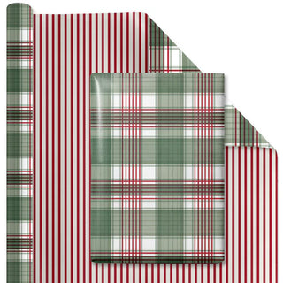 Large Red and Green Plaid/Red and White Stripe 30"x10' Reversible Holiday Wrapping Paper