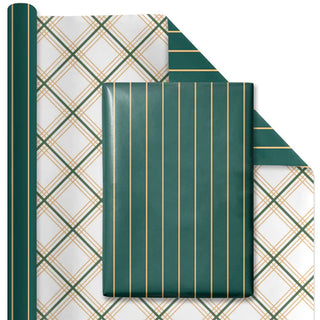 Gold on Green Pinstripe/Green And Gold Bias Plaid Reversible Holiday Wrapping Paper 30" X 10'