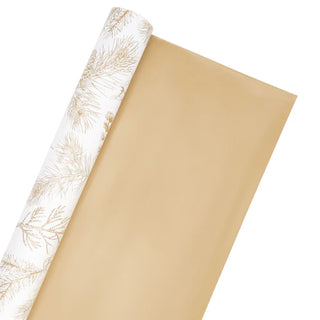 Gold Pinecones on White/Flat Gold Reversible Holiday Wrapping Paper 30" X 10'