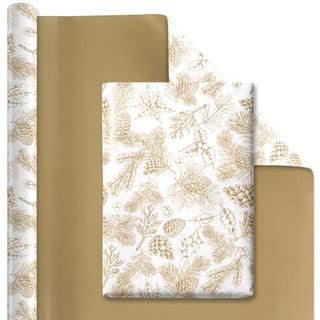 Gold Pinecones on White/Flat Gold Reversible Holiday Wrapping Paper 30" X 10'