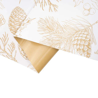 Gold Pinecones on White/Flat Gold Reversible Holiday Wrapping Paper 30" X 10'